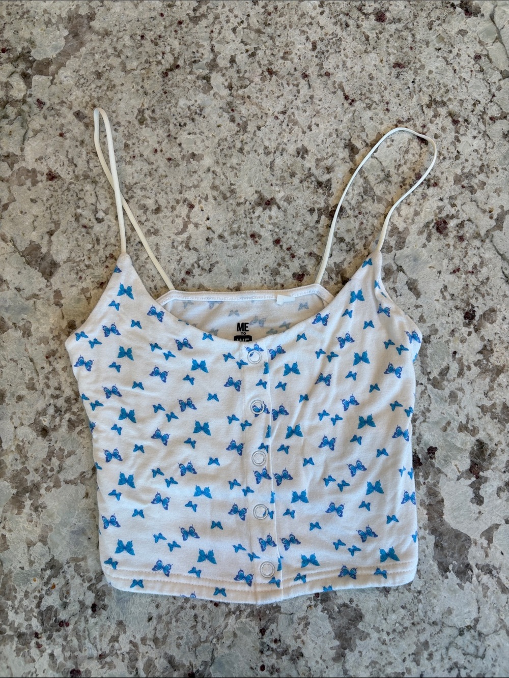 PacSun White Cropped Tank with Blue Butterfly Print